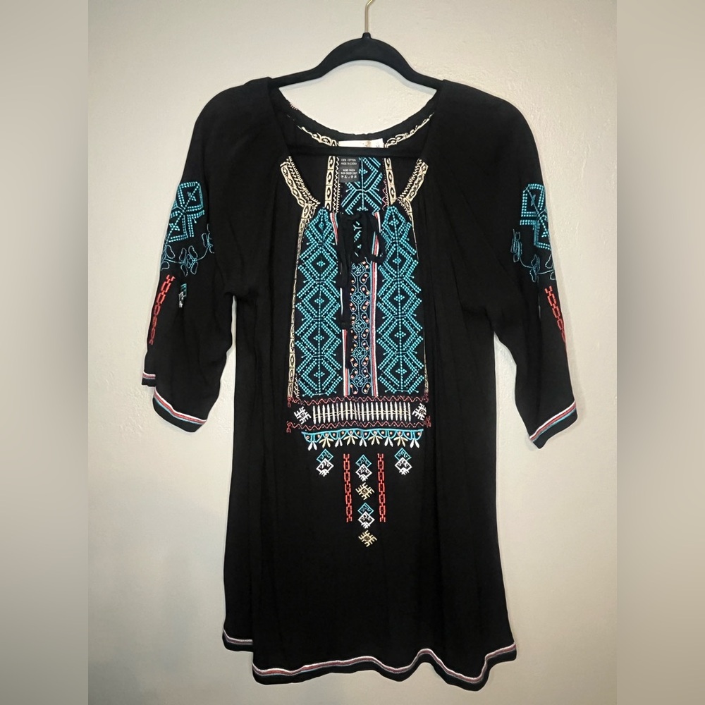Bohemian Black Tunic with Blue Embroidery